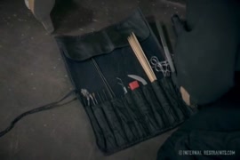 Little blonde girl in shiny restraints fuck toy