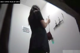 Beautiful, sexy lady changes clothes in a stall while her hot body is bumping a...