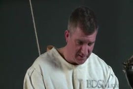 Bdsm xxx slave boy in straight jacket and anal hook swings brick from his nutsa...